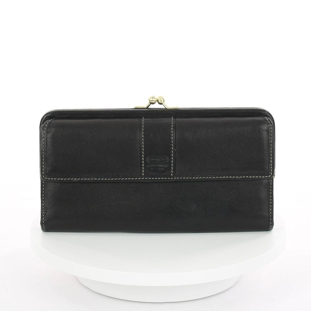 Coach Hamptons Vintage Black Leather Trifold Kisslock Wallet